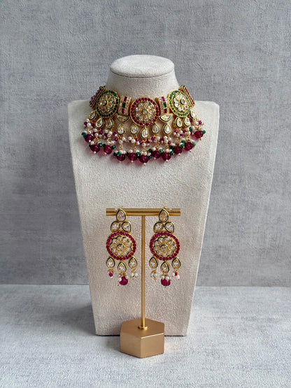 Ayura Designs Yasvi Set – Necklace & Earrings with Mirror-Cut Stones, Fuchsia Pink, Emerald Green & Pearl Detailing