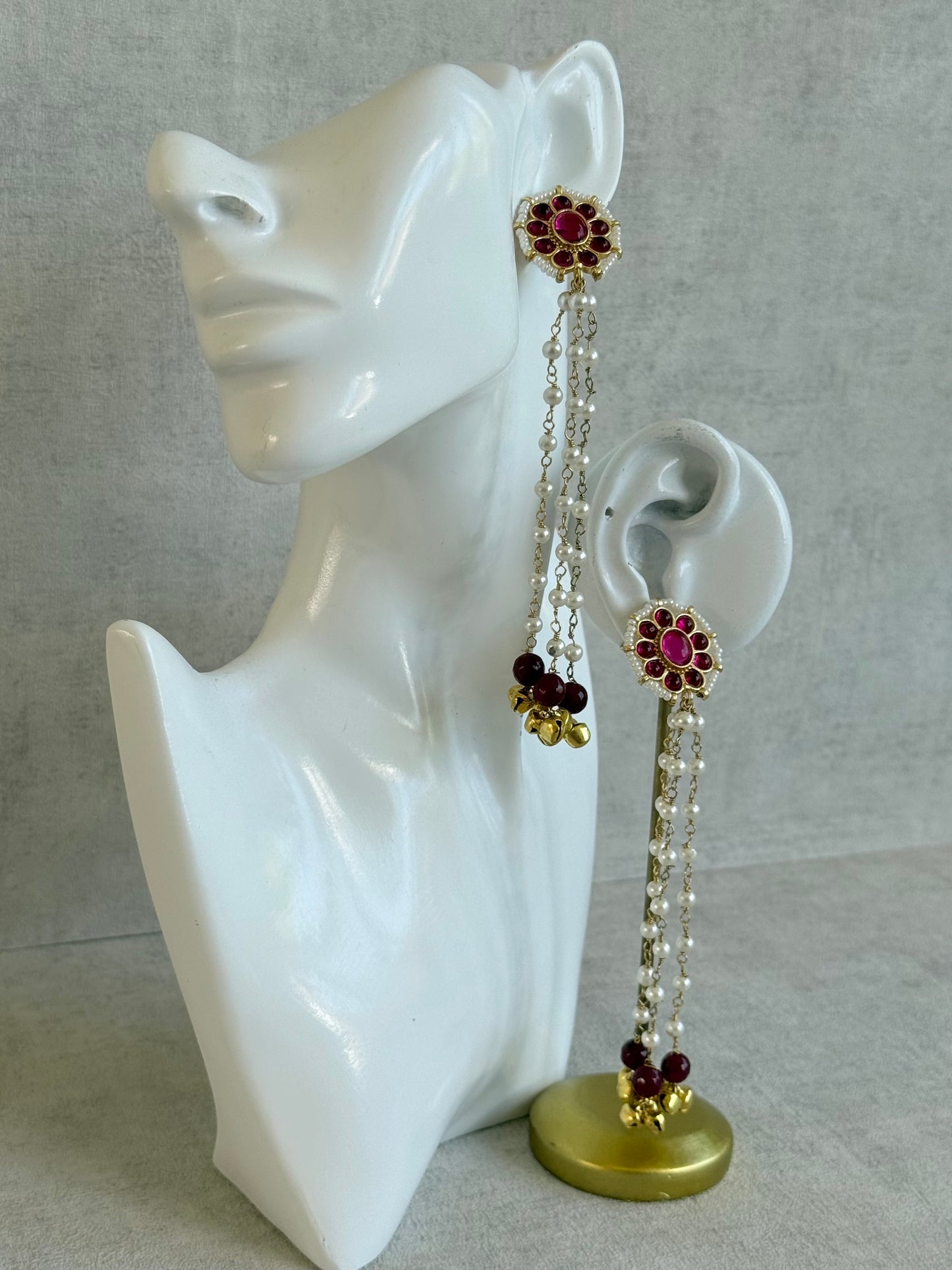 Ayura Designs Noorzar Earrings – Duster Earrings with Ruby Pink Stones, Maroon Beads, Pearl Chains & Ghungroo Detailing