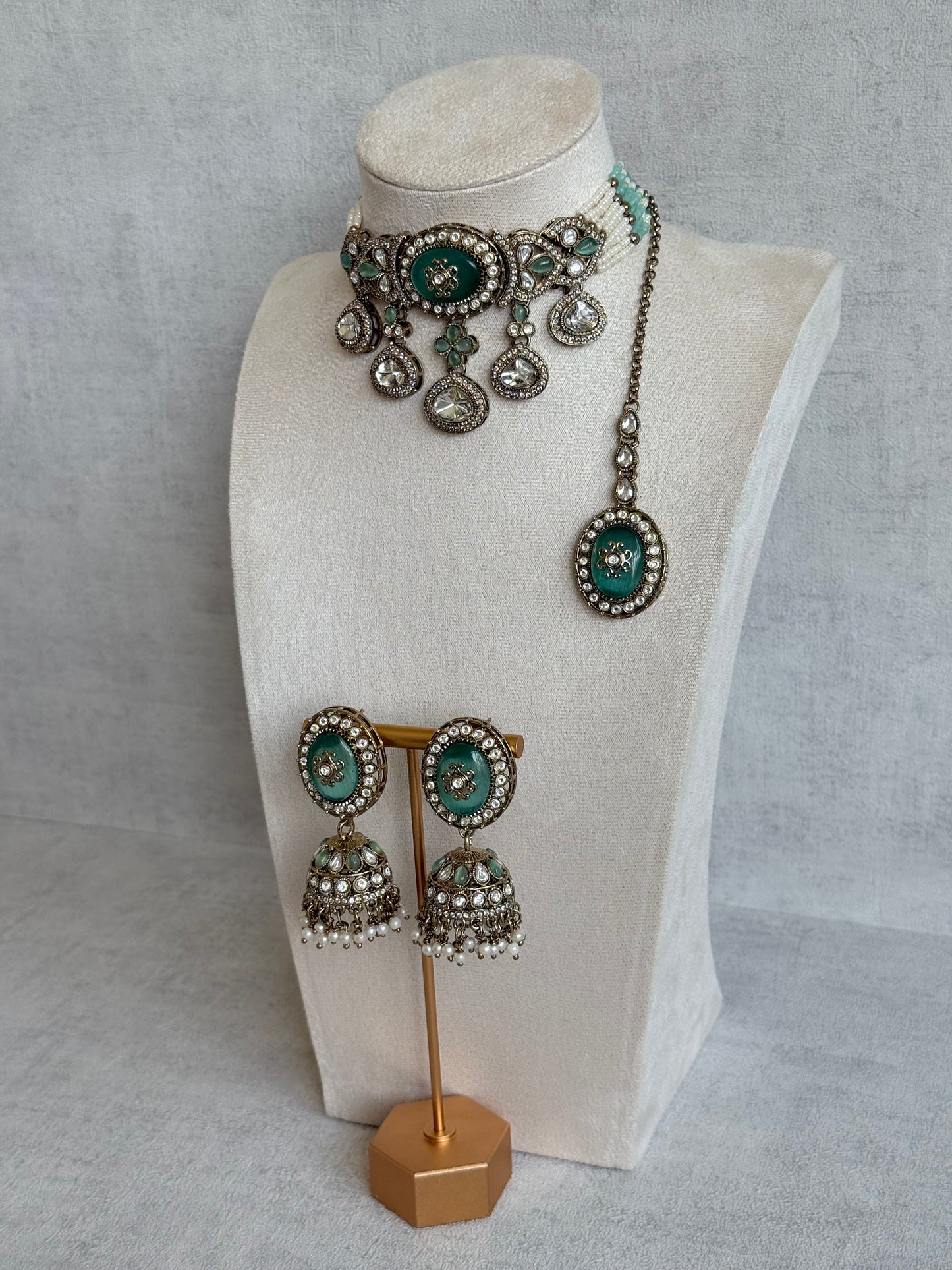 Ayura Designs Myra Choker Set with Jhumkis & Tikka – Mint Green Kundan & Pearl Detailing