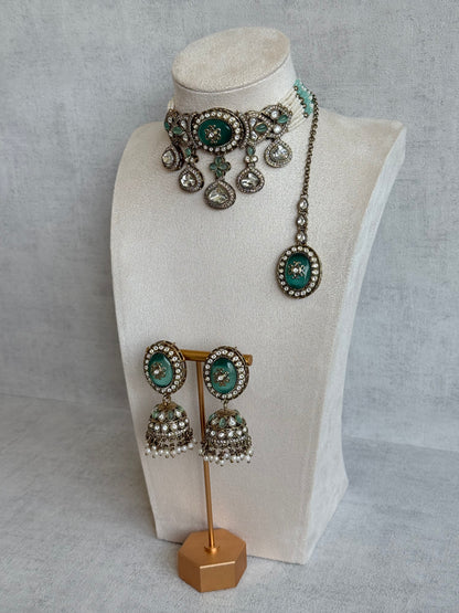 Ayura Designs Myra Choker Set with Jhumkis & Tikka – Mint Green Kundan & Pearl Detailing