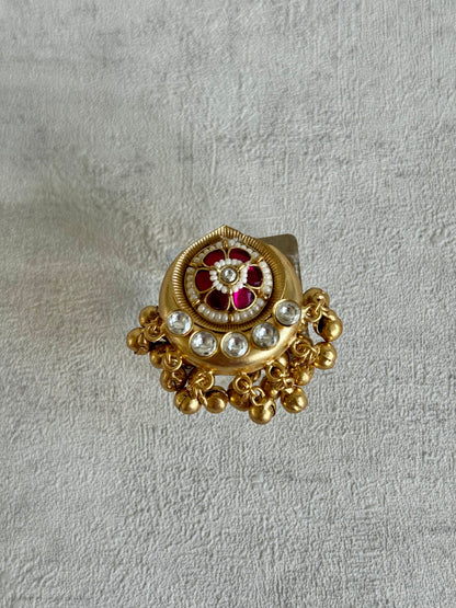 Ayura Designs Sochi Ring – Adjustable Antique Gold Ring with Hot Pink Meenakari, Mirror-Cut Stones & Ghungroo Detailing