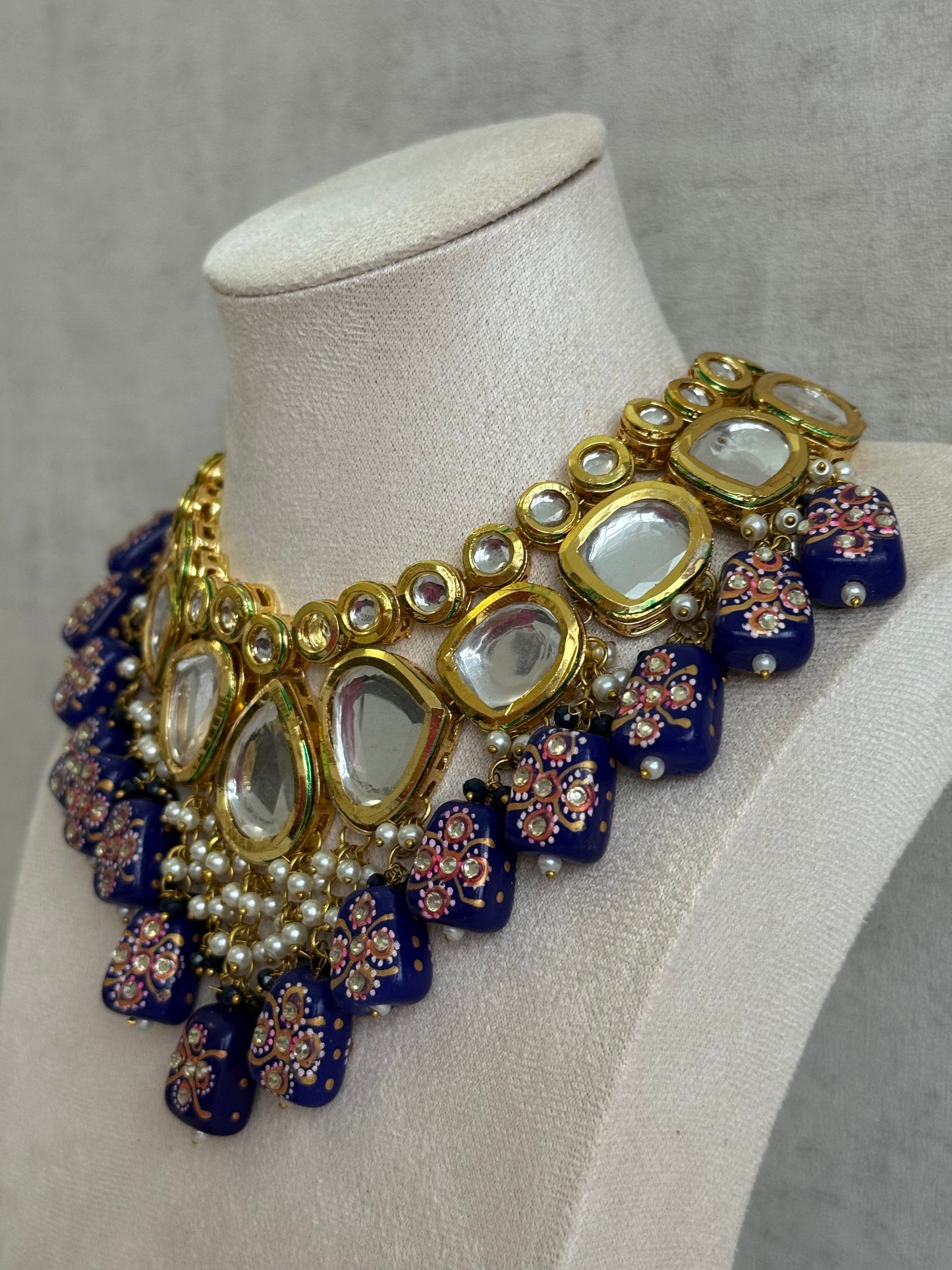 Ayura Designs Omika Set With Necklace And Earrings – Kundan Stones And Navy Blue Meenakari Drops