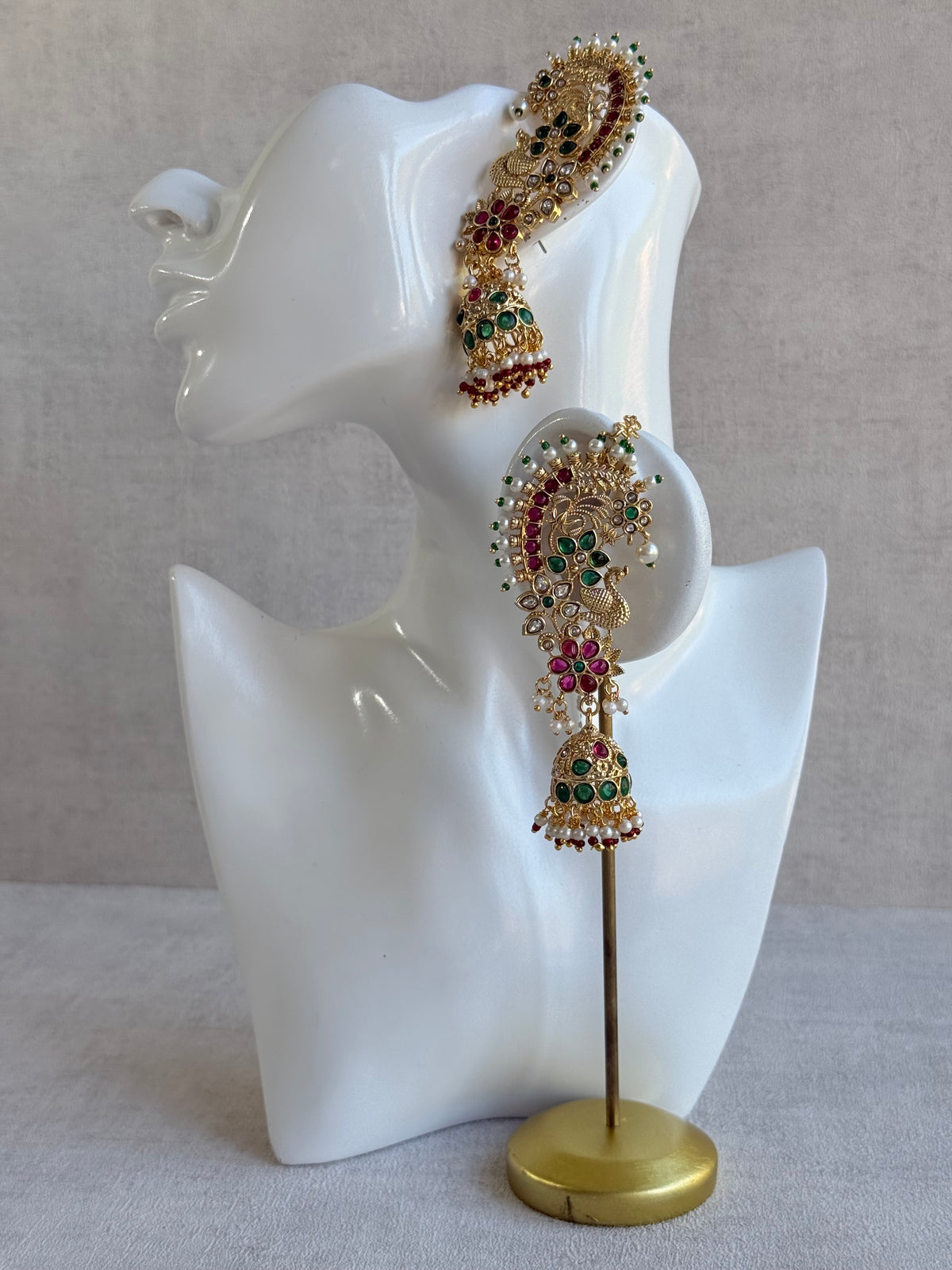 Ayura Designs Nitya Kaanphool Jhumkis – Gold Half Ear Cuff Earrings, Peacock Motifs, Pink & Emerald Green Kundan, Pearl Drops & Sahare