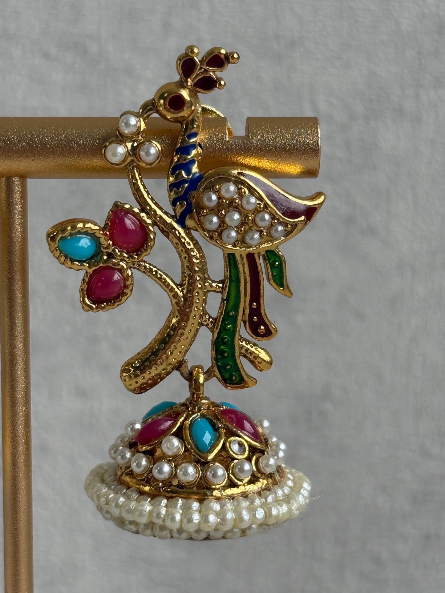 Ayura Designs Mayuri Jhumkis – Gold Peacock Earrings with Multicolour Meenakari & Pearl Detailing