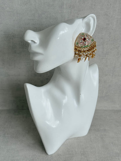 Ayura Designs Rozina Earrings – Floral Meenakari Earrings with Ruby Pink Centre Stone, Pearl Clusters & Gold Leaf Charms