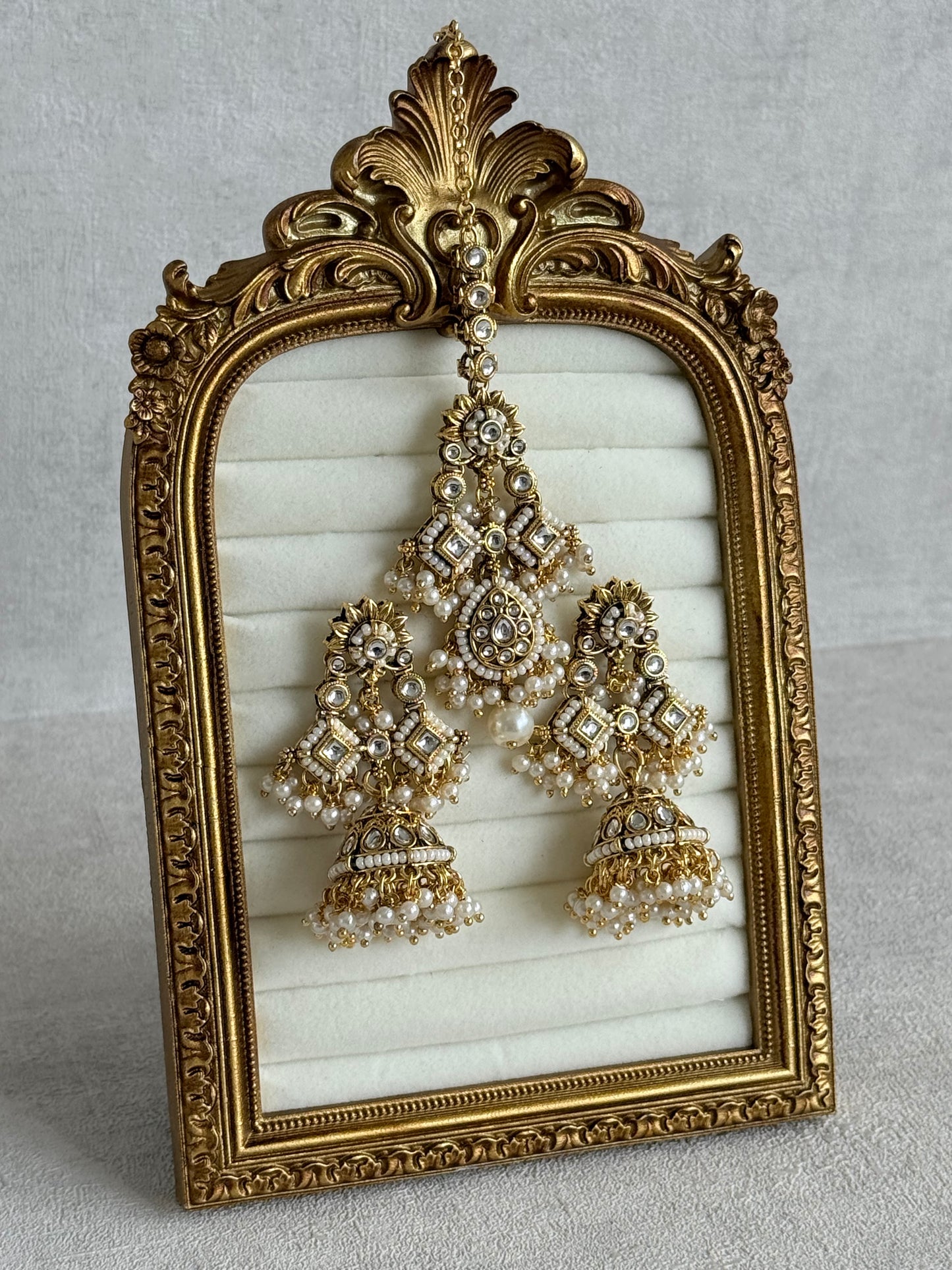 Ayura Designs Ania Tikka Set with Jhumkis – Pearl, Kundan & Gold Detailing