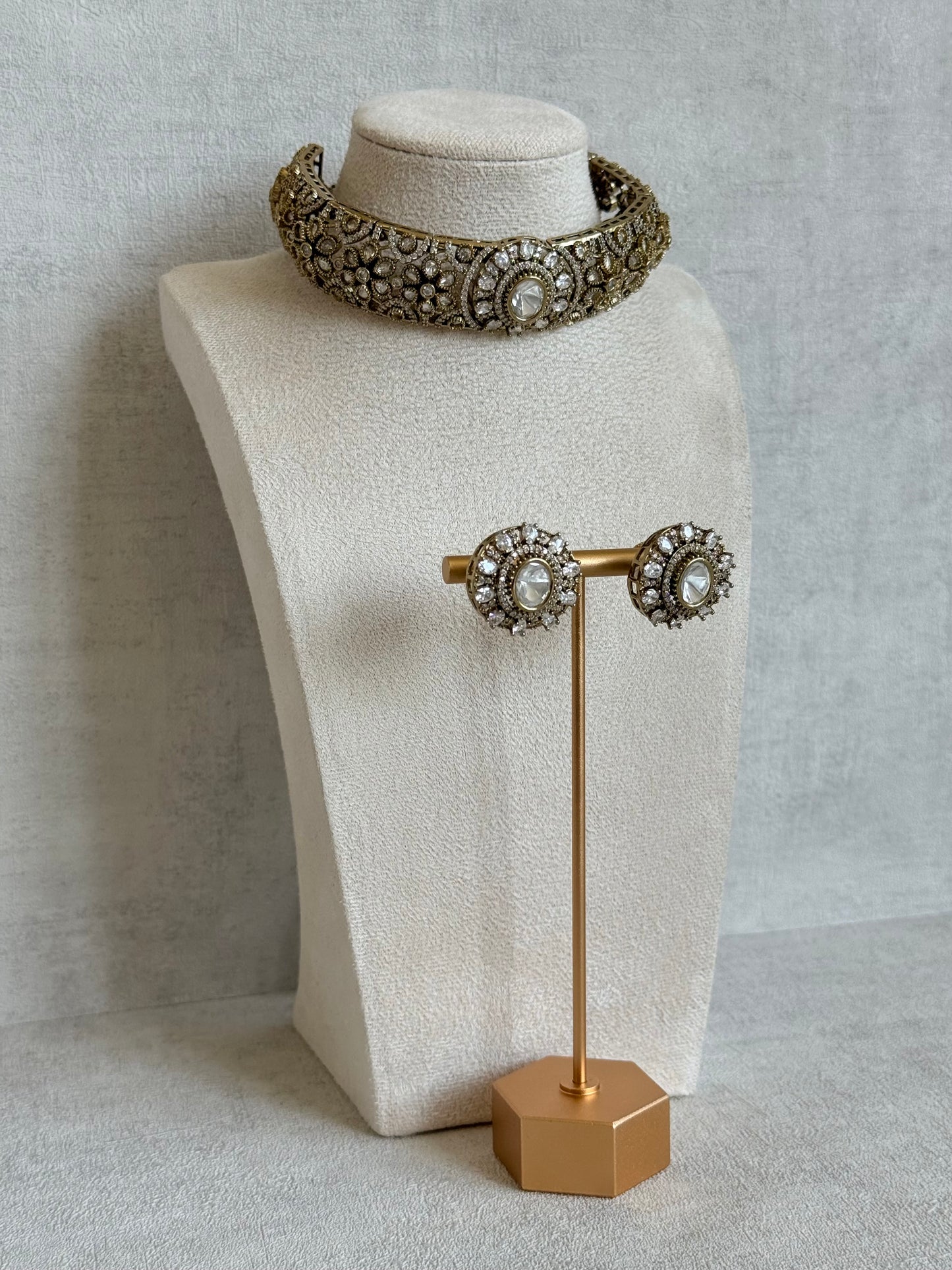 Ayura Designs Genevieve Choker Set with Studs – Crystal Kundan in Antique Gold