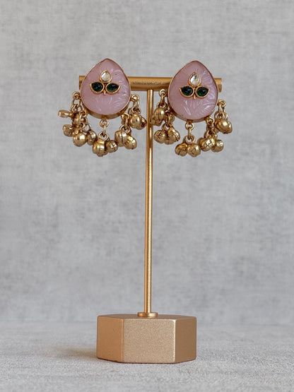 Ayura Designs Aykai Earrings – Baby Pink Carved Teardrop Stud Earrings with Clear Kundan Stones and Gold Ghungroo Drops