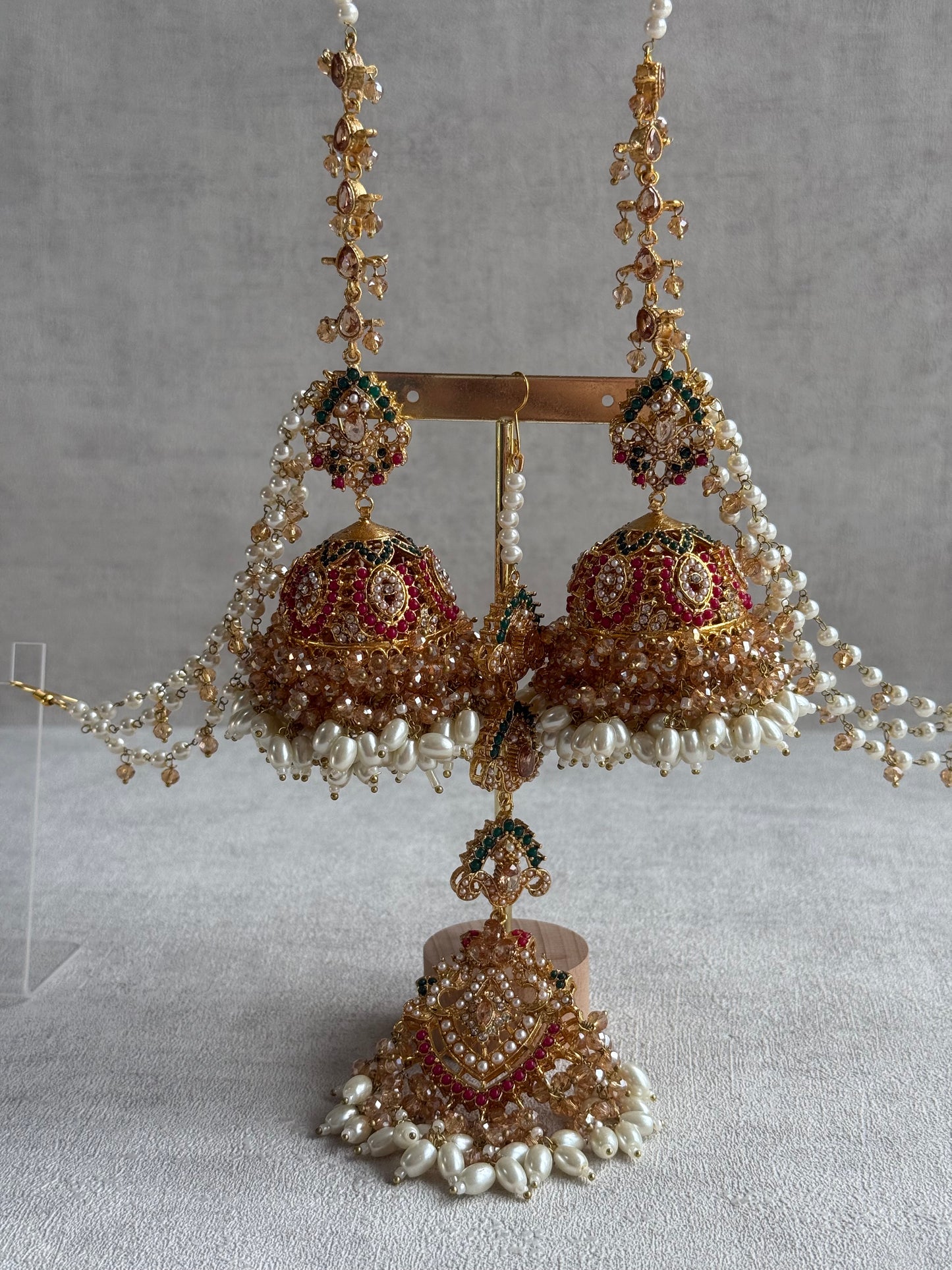 Ayura Designs Safia Tikka Set with Sahare Earrings – Champagne Crystals with Ruby & Emerald