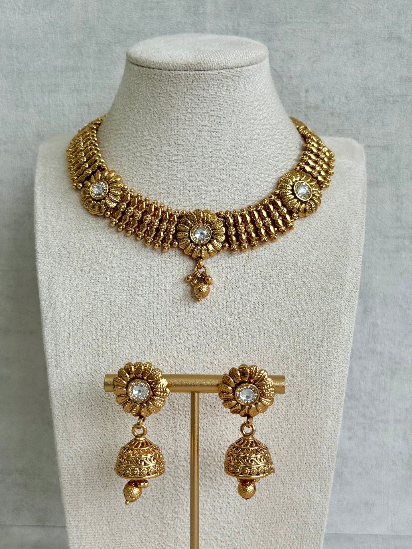 Ayura Designs Arisa Choker Set with Jhumkis – Antique Gold Floral Motifs with Ghungroo Drops