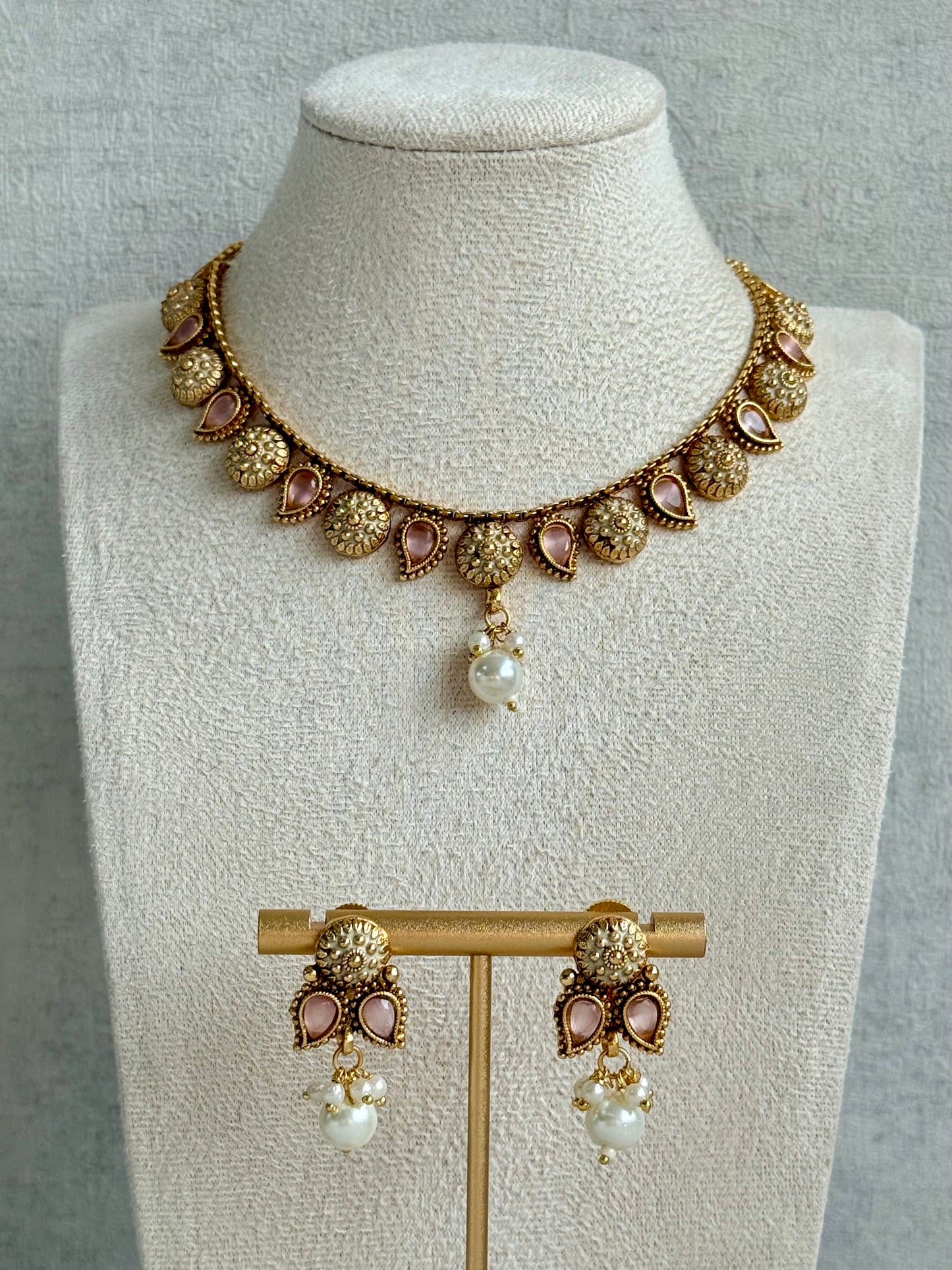 Ayura Designs Mayura Necklace Set with Earrings – Antique Gold Meenakari Motifs with Pearl Drop & Blush Pink Stones