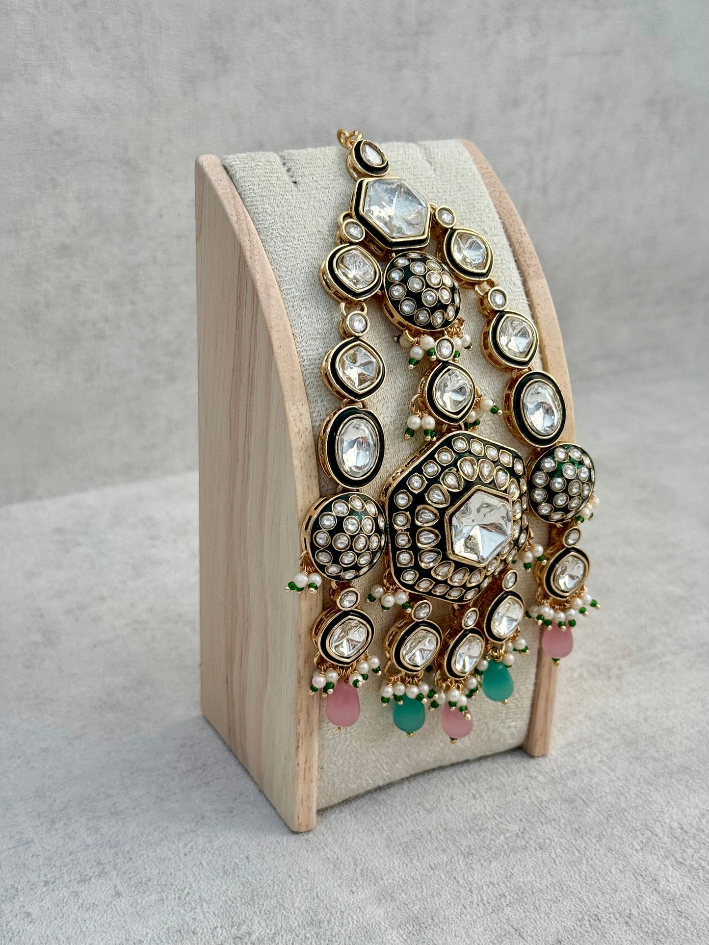 Ayura Designs Visha Jhoomar Passa – Polki Kundan with Blush Pink & Aqua Blue Drops and Pearl Detailing