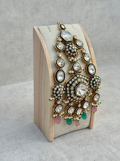 Ayura Designs Visha Jhoomar Passa – Polki Kundan with Blush Pink & Aqua Blue Drops and Pearl Detailing