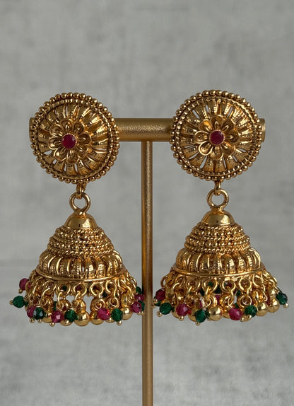 Ayura Designs Nooriya Choker Set with Jhumkis & Tikka – Antique Gold with Ruby, Emerald & Pearl Detailing