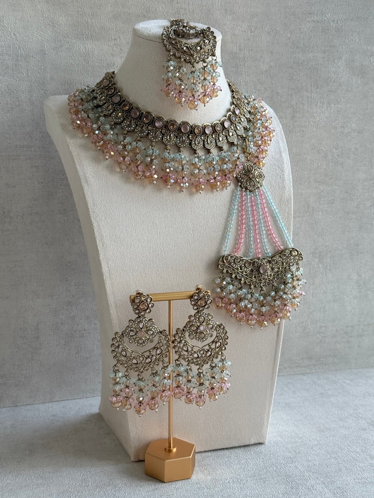 Ayura Designs Dilnaz Necklace Set – Blush Pink, Aqua & Champagne Crystal Beads