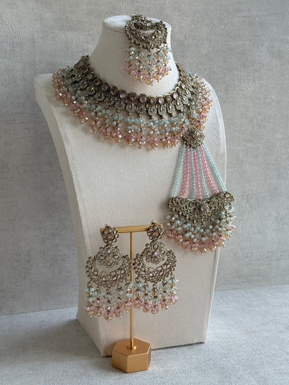 Ayura Designs Dilnaz Necklace Set – Blush Pink, Aqua & Champagne Crystal Beads