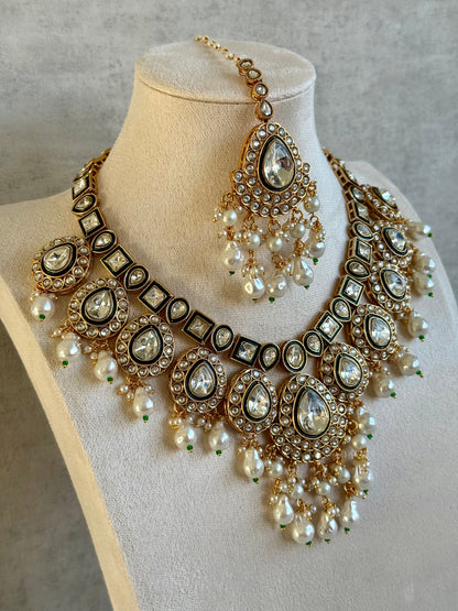 Ayura Designs Ishyat Set with Necklace, Earrings & Tikka – Kundan Detailing, Ivory Pearl Drops