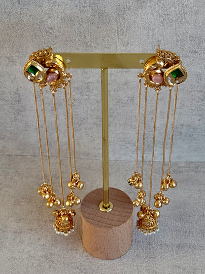 Ayura Designs Morira Earrings – Antique Gold Jhumki Earrings with Kundan Stones, Chains & Ghungroo Detailing