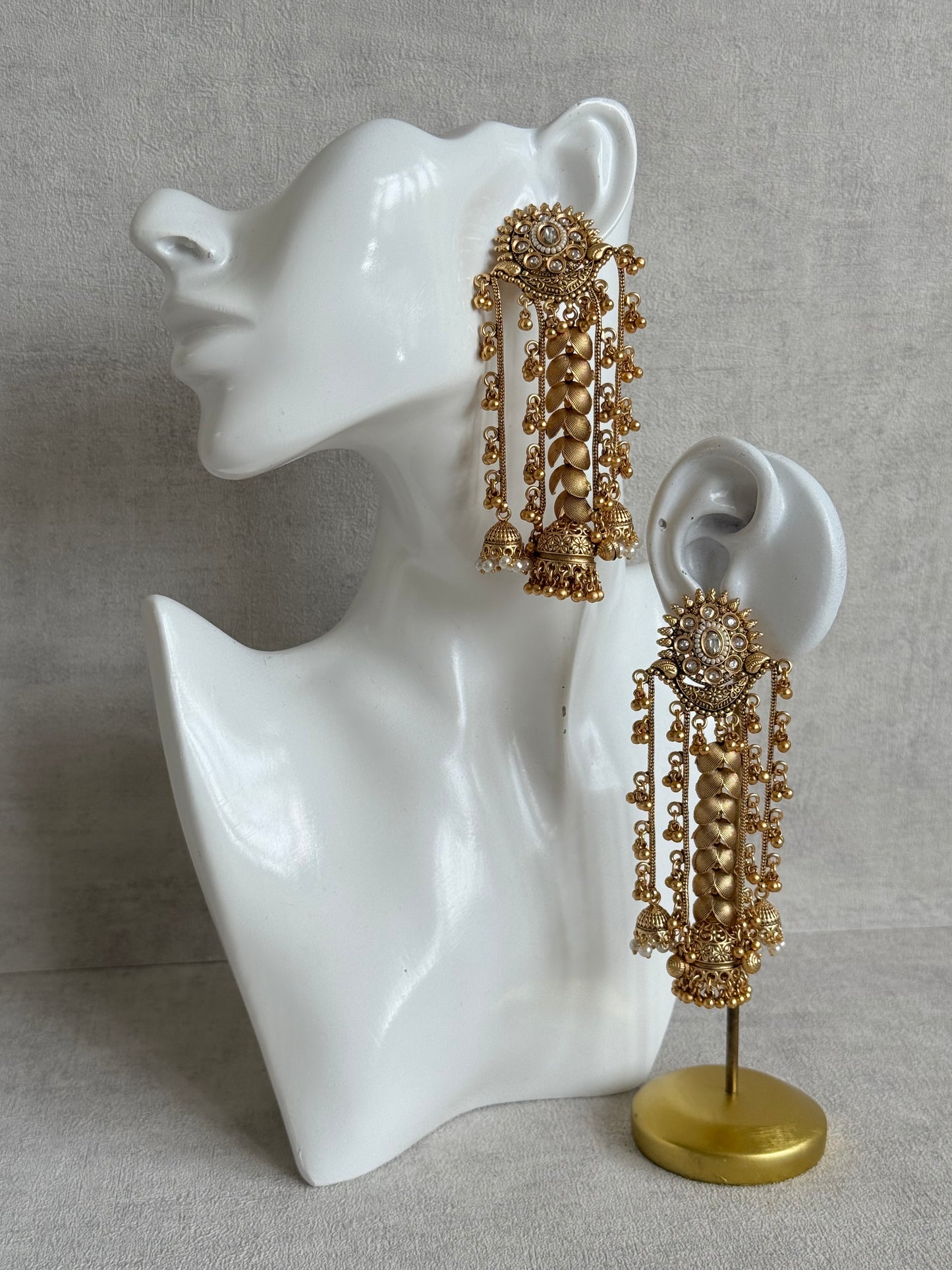 Ayura Designs Ishya Jhumkis – Gold Ghungroo Chain Earrings with Ivory Kundan & Pearls