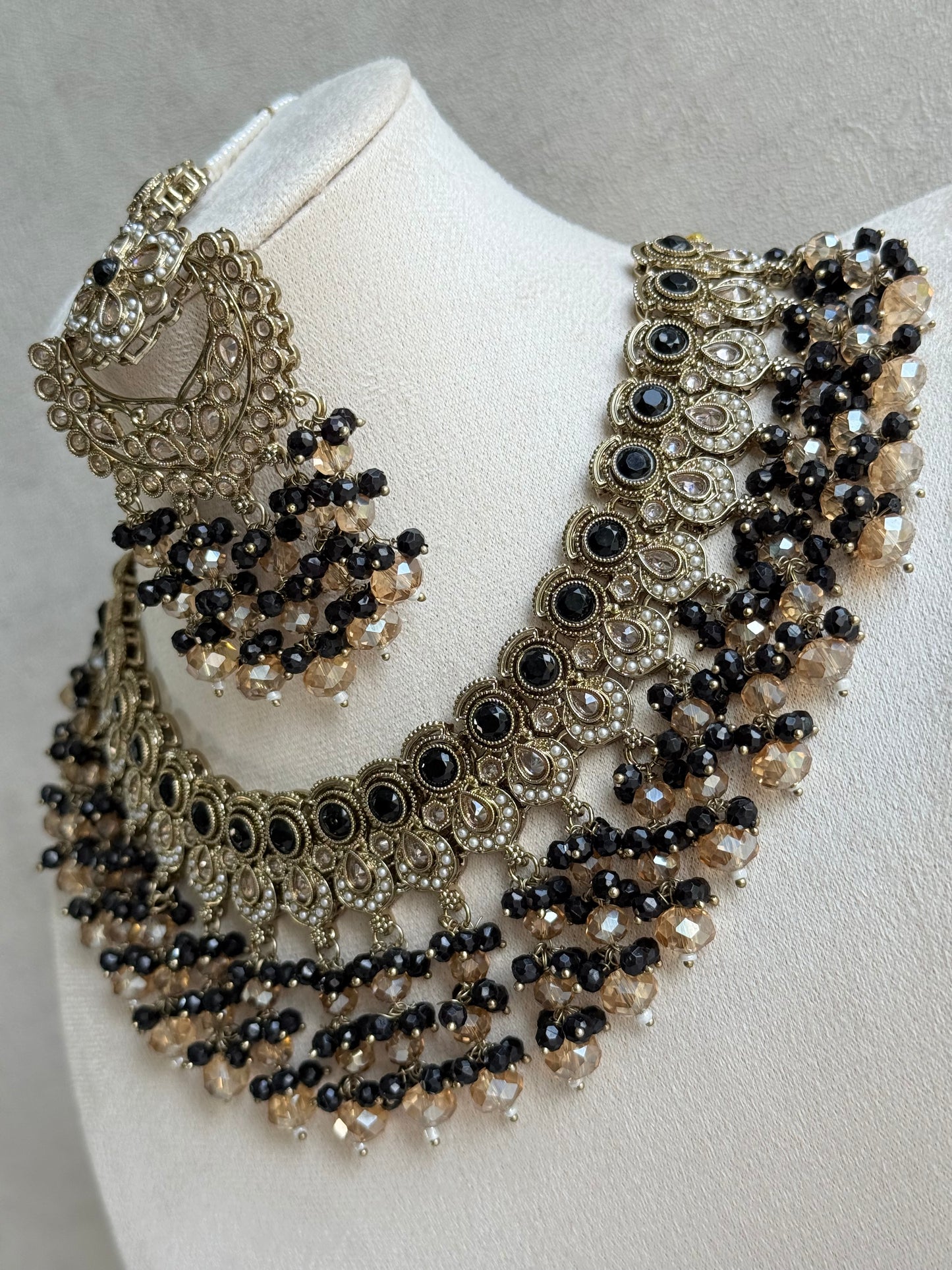 Ayura Designs Dilnaz Necklace Set with Earrings, Tikka & Passa – Black & Champagne Crystal Beads & Antique Gold Finish