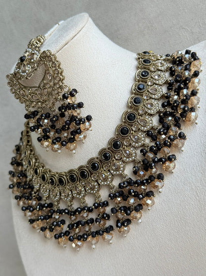Ayura Designs Dilnaz Necklace Set with Earrings, Tikka & Passa – Black & Champagne Crystal Beads & Antique Gold Finish
