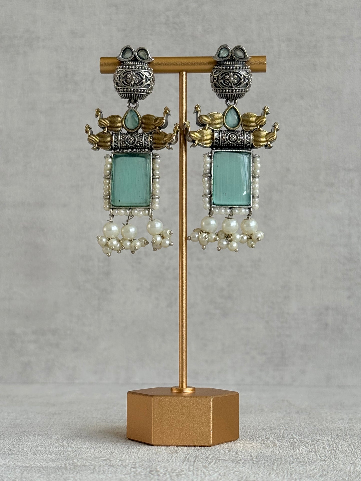 Ayura Designs Khaak Earrings – Oxidised Statement Earrings with Peacock Motifs, Aqua Green Stones & Pearl Clusters
