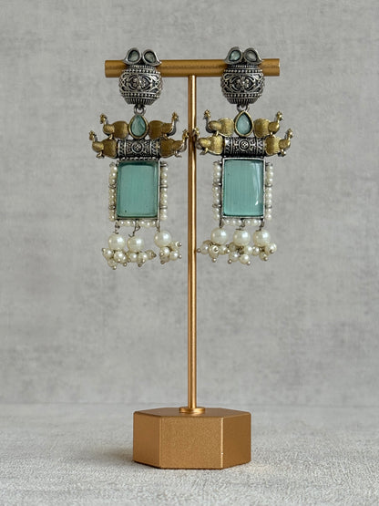 Ayura Designs Khaak Earrings – Oxidised Statement Earrings with Peacock Motifs, Aqua Green Stones & Pearl Clusters