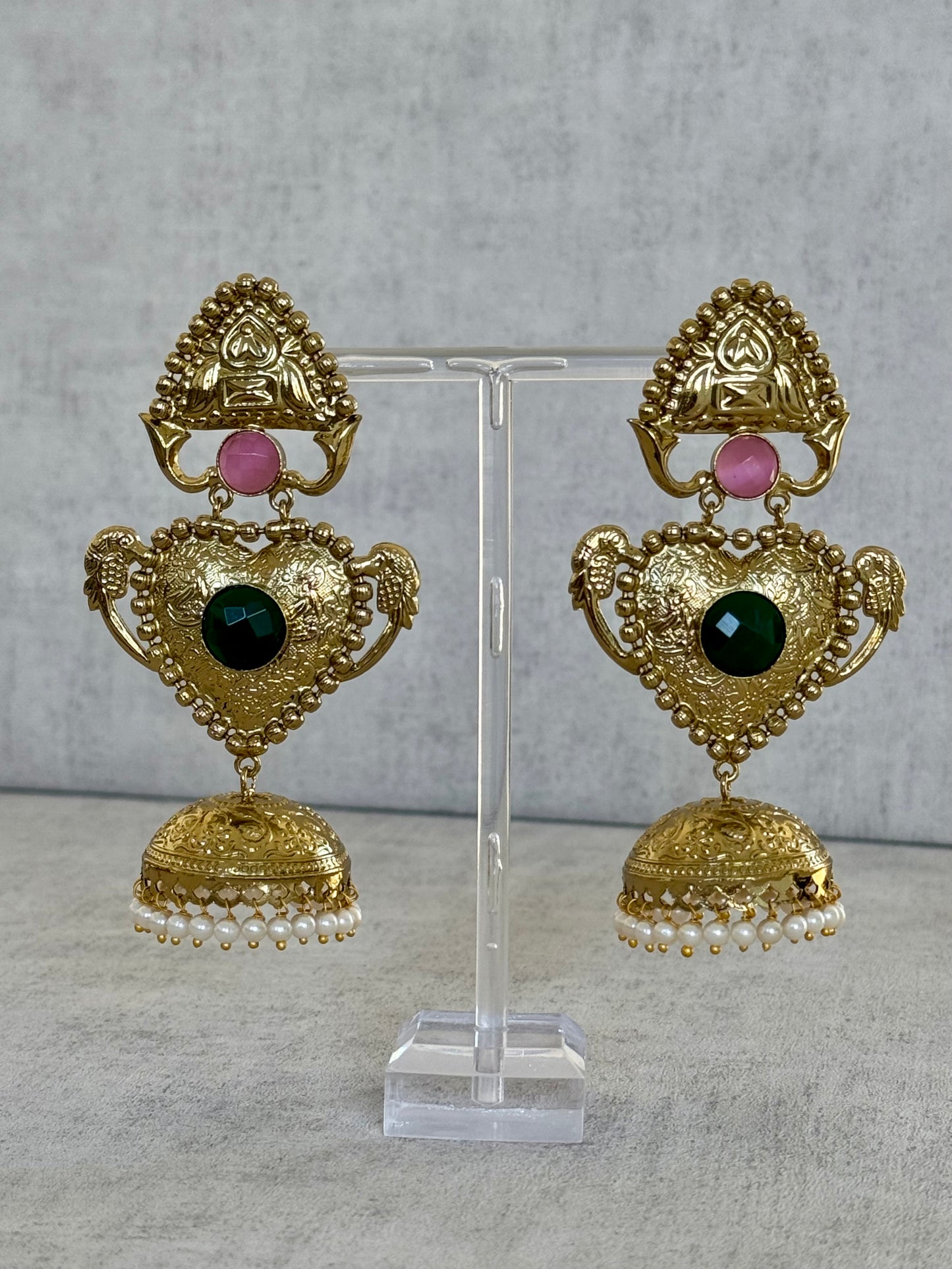 Ayura Designs Dil Earrings – Gold Brass Earrings with Green & Pink Stone Accents and Pearl Jhumka Detailing