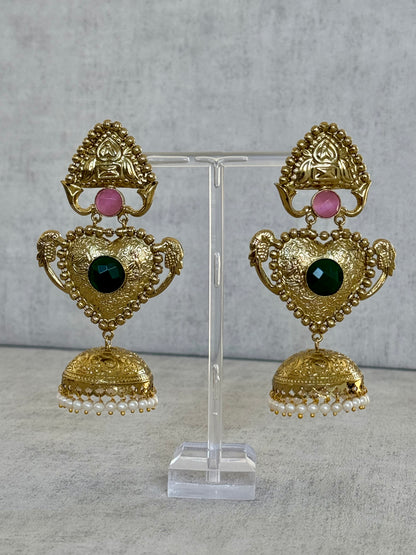 Ayura Designs Dil Earrings – Gold Brass Earrings with Green & Pink Stone Accents and Pearl Jhumka Detailing