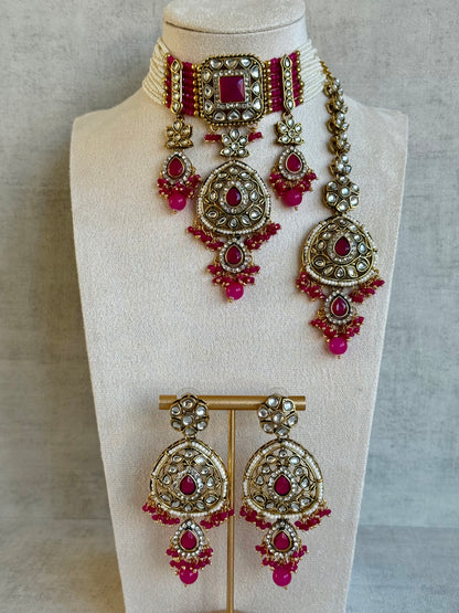 Ayura Designs Zarmeen Choker Set with Earrings & Tikka – Mirror-Cut Stones, Antique Gold Finish and Hot Pink Beads