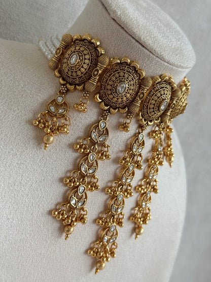 Ayura Designs Kabini Choker Set with Earrings – Gold Kundan Waterfall Choker with Ivory Pearls