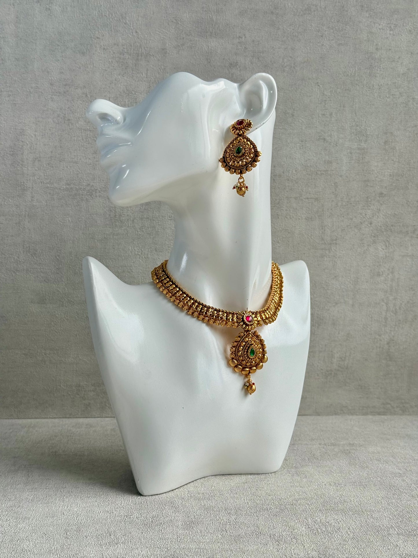 Ayura Designs Ayma Necklace Set with Earrings – Antique Gold Finish with Ruby Pink, Emerald Green & Crystal Detailing