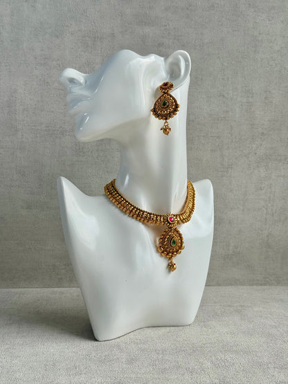 Ayura Designs Ayma Necklace Set with Earrings – Antique Gold Finish with Ruby Pink, Emerald Green & Crystal Detailing