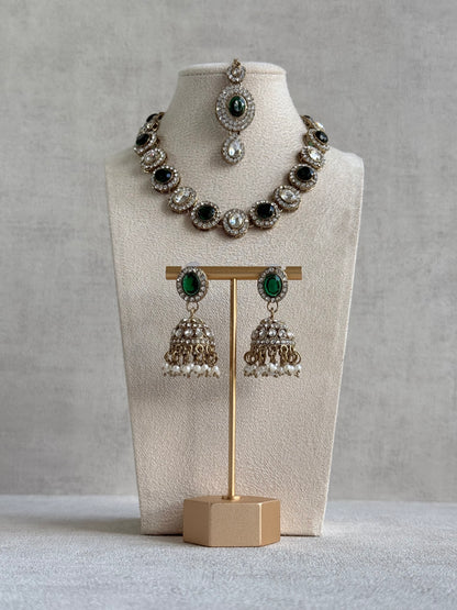 Ayura Designs Eira Necklace Set with Earrings & Tikka – Emerald Green & Crystal Stones with Antique Gold Finish