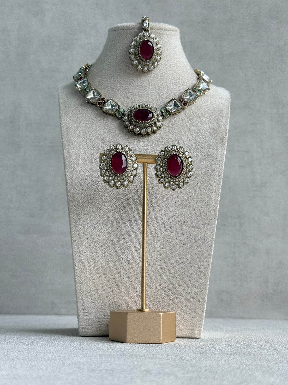 Ayura Designs Inza Necklace Set – Rani Pink & Mint Green Stones, Kundan & Crystals with Antique Gold Finish