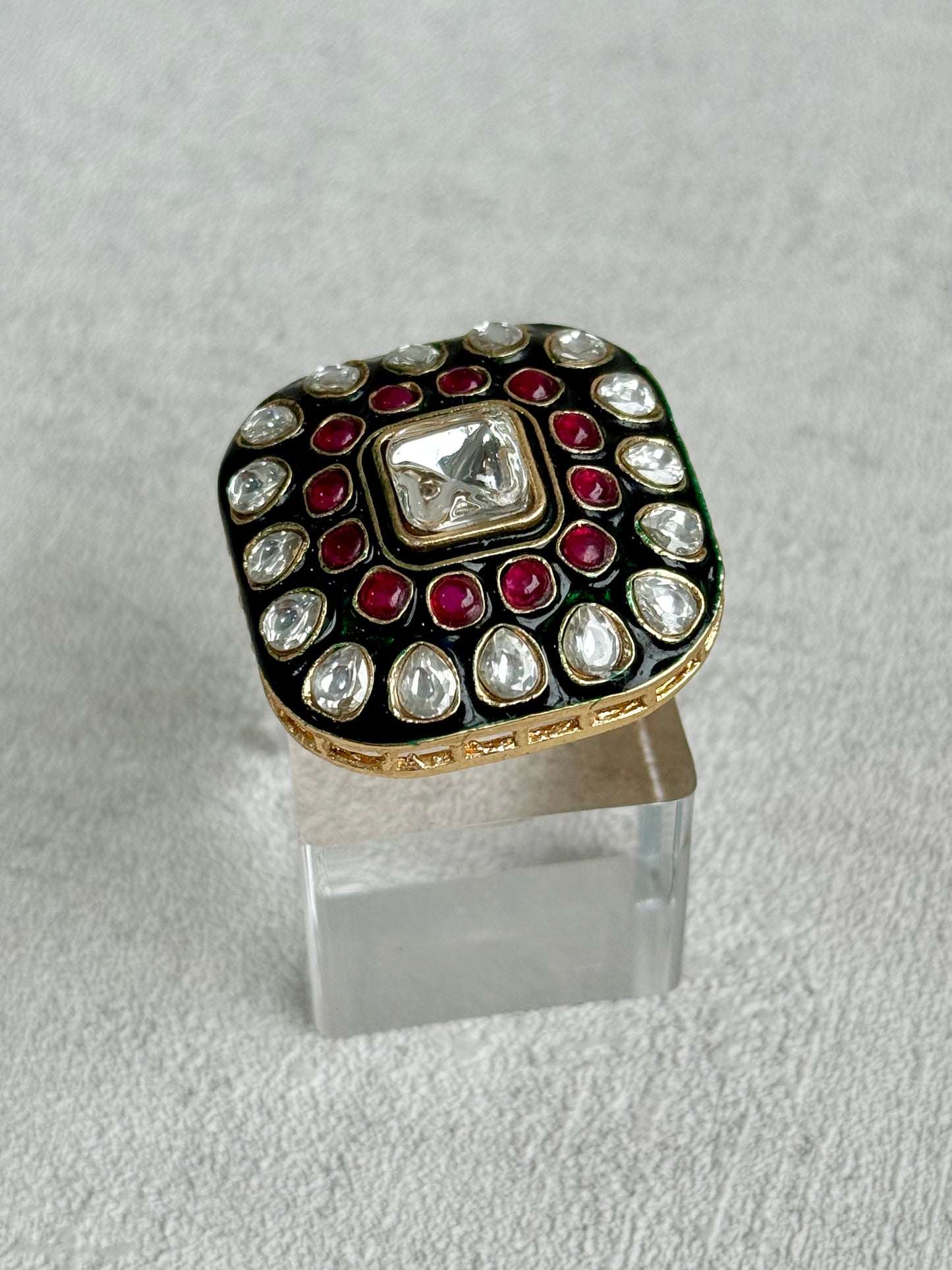 Ayura Designs Arzoo Adjustable Ring – Mirror-Cut Stone Centre with Ruby Pink Stones, Green Enamel & Crystal Detailing