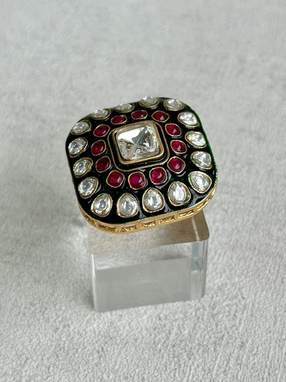 Ayura Designs Arzoo Adjustable Ring – Mirror-Cut Stone Centre with Ruby Pink Stones, Green Enamel & Crystal Detailing