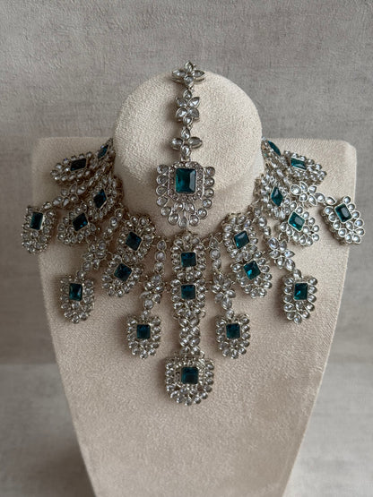 Ayura Designs Zinnia Set – Necklace, Earrings & Tikka with Teal Stones and Mirror-Cut Polki in Silver Finish