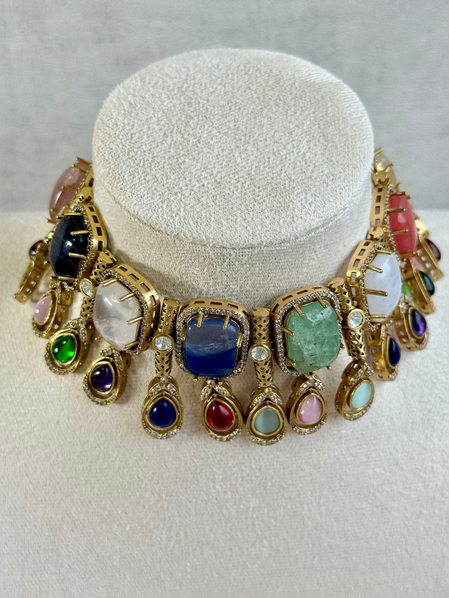 Ayura Designs Adelaide Necklace Set with Earrings – Multicolour Moissanite with Green Stone Drop Earrings