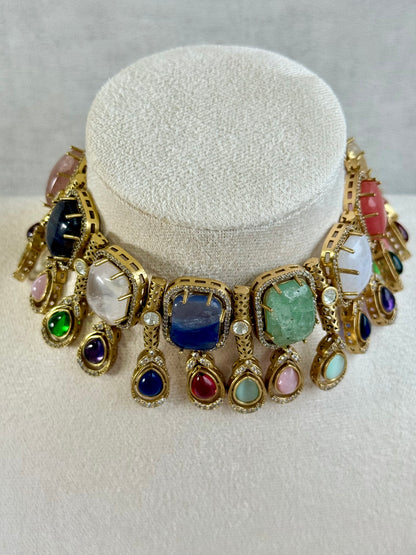 Ayura Designs Adelaide Necklace Set with Earrings – Multicolour Moissanite with Green Stone Drop Earrings