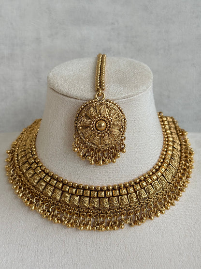 Ayura Designs Iksirat Necklace Set with Jhumkis & Tikka – Gold Heritage Design with Ghungroo Detailing