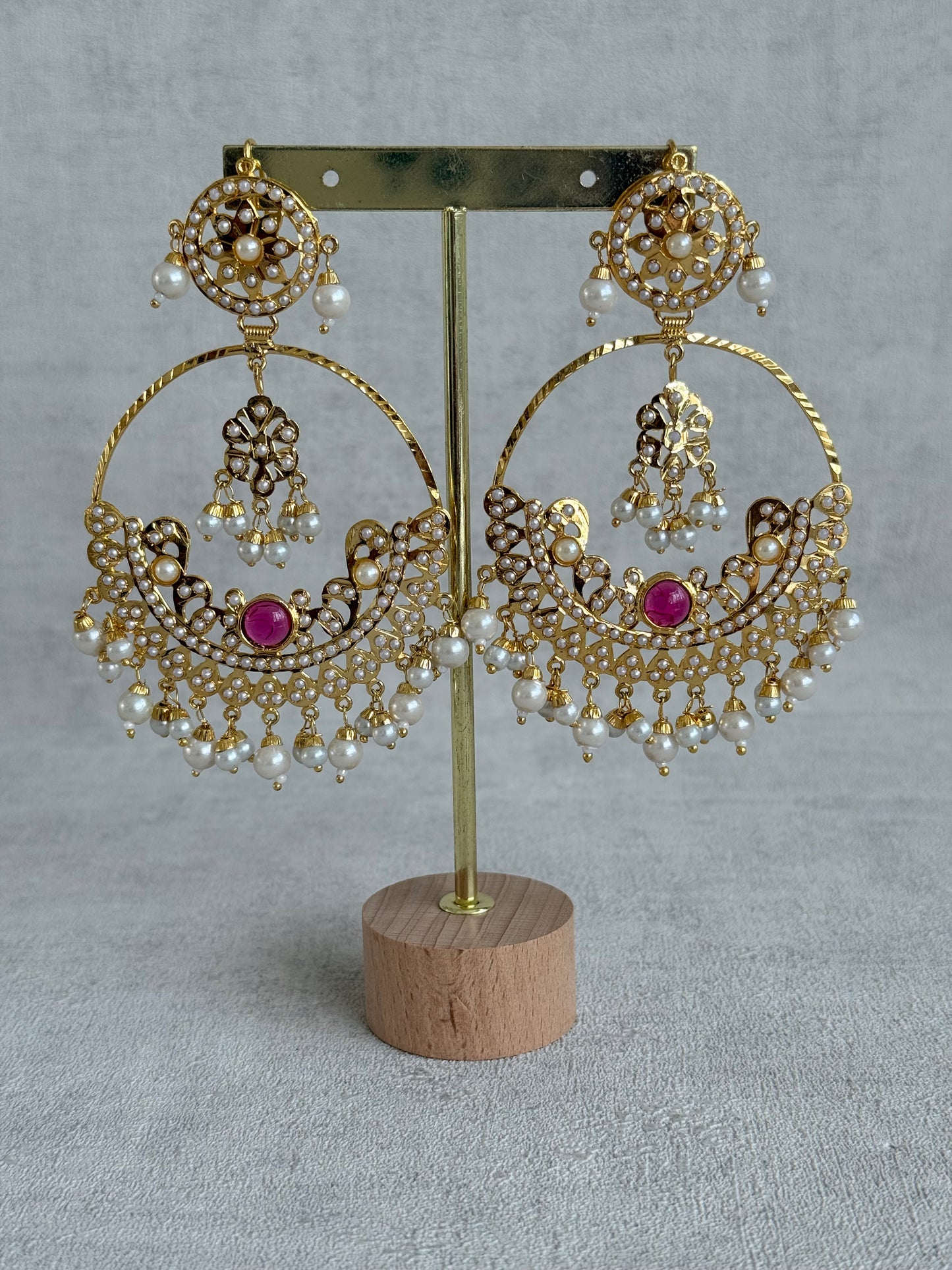 Ayura Designs Arshi Chandbalis – Gold Jadau Ruby Pink & Ivory Pearl Detailing
