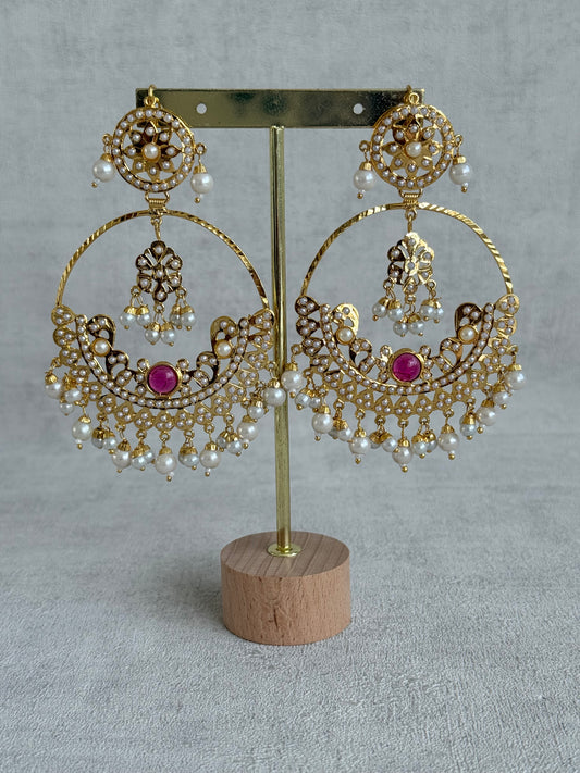 Ayura Designs Arshi Chandbalis – Gold Jadau Ruby Pink & Ivory Pearl Detailing