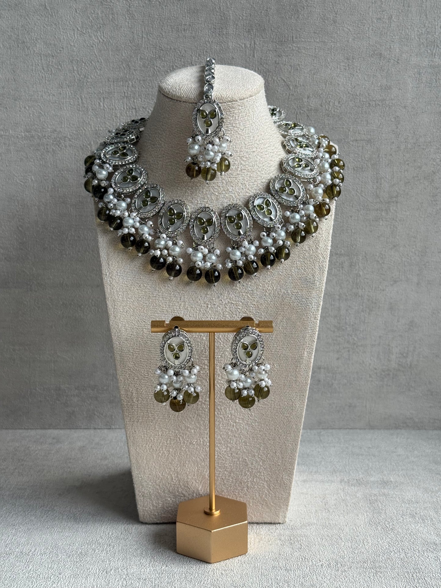 Ayura Designs Linza Set – Necklace, Earrings & Tikka in Olive Green & Pearl with Silver Finish
