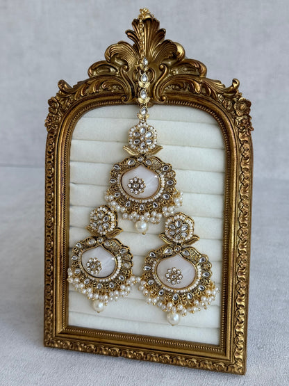 Ayura Designs Asra Tikka Set with Earrings – Ivory Stone, Kundan & Pearl Detailing