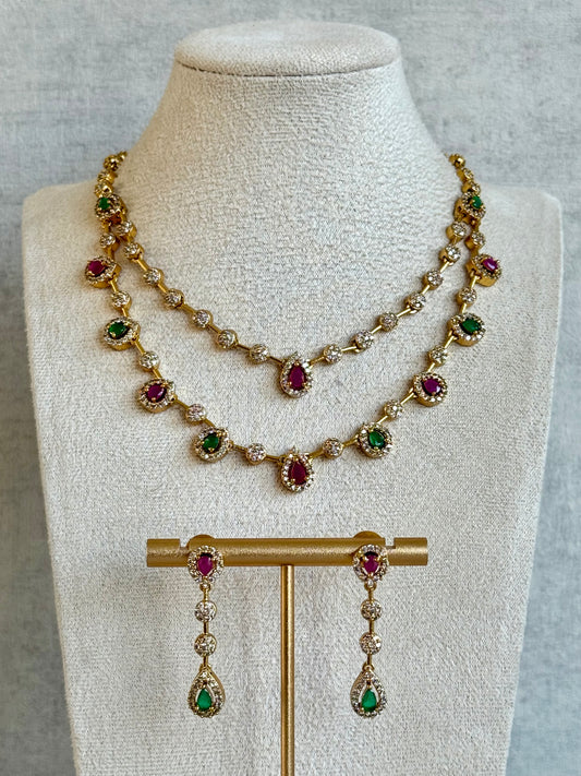 Ayura Designs Visha Set with Earrings – Multicolour Stones & Moissanite Detailing in Antique Gold
