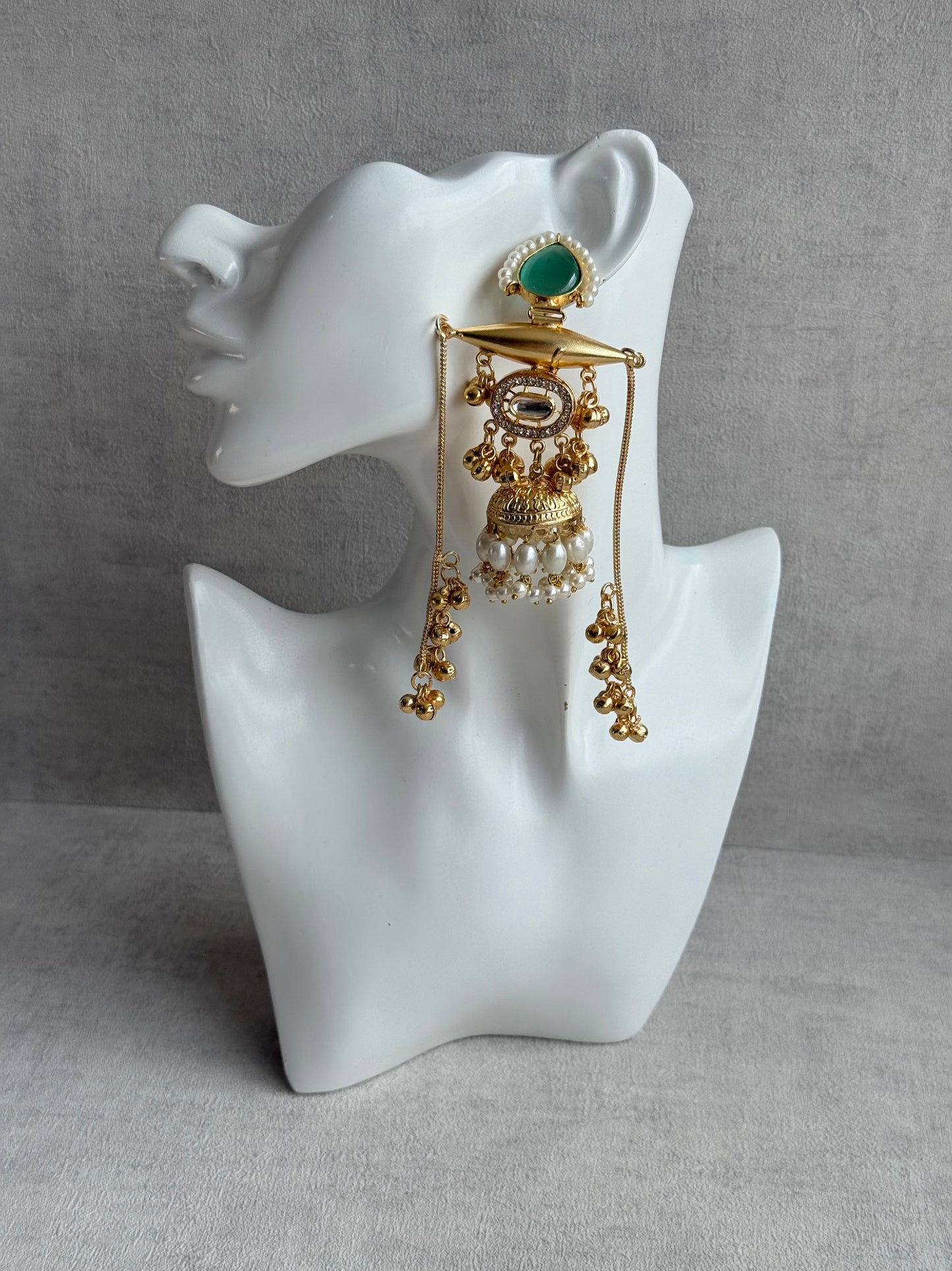 Ayura Designs Hoorza Earrings – Kashmiri Earrings with Mint Green Stones, Pearl Detailing & Ghungroo Chains