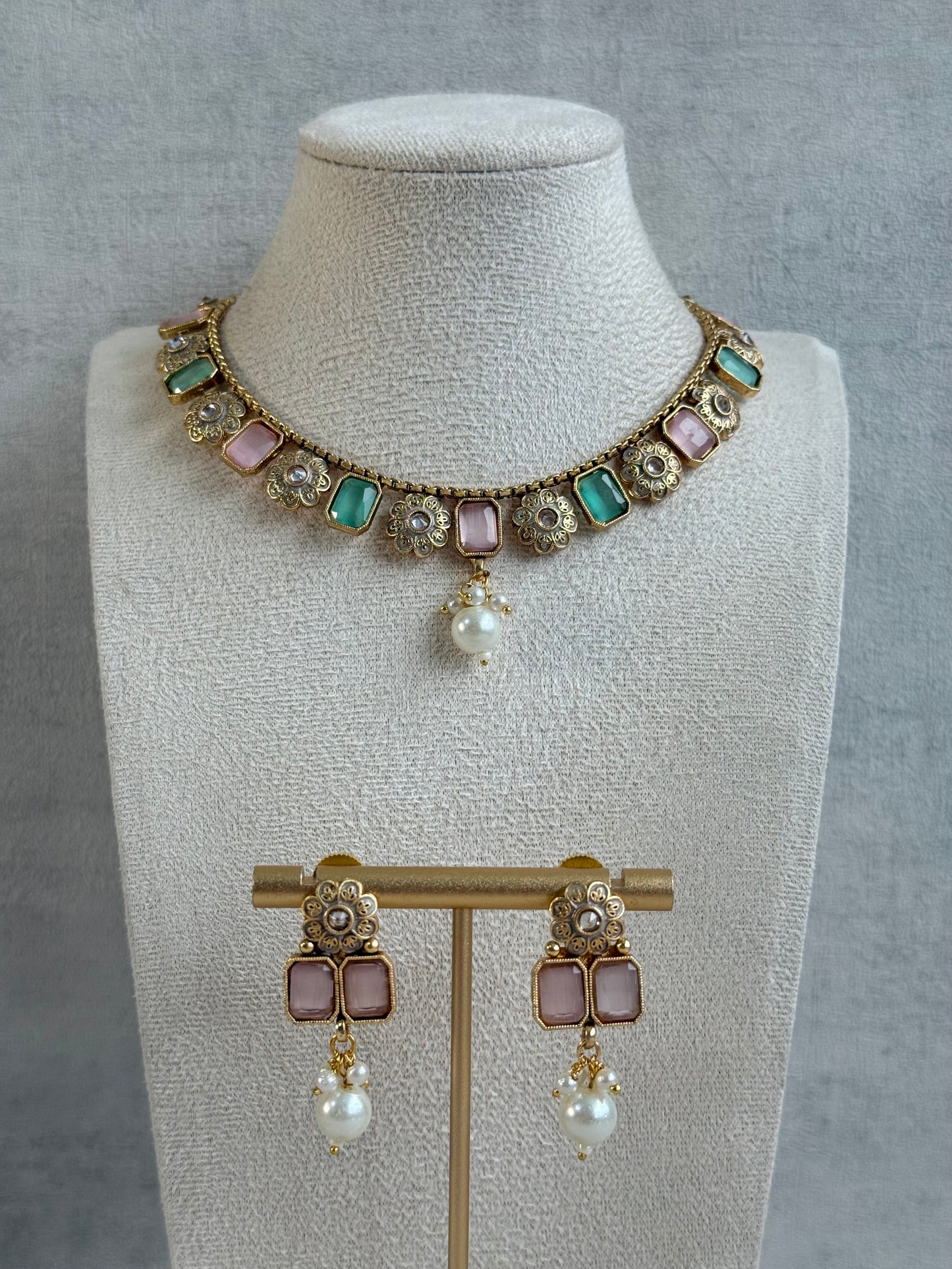 Ayura Designs Padma Necklace Set with Earrings – Blush Pink & Mint Green Stones with Pearl Drop Detailing