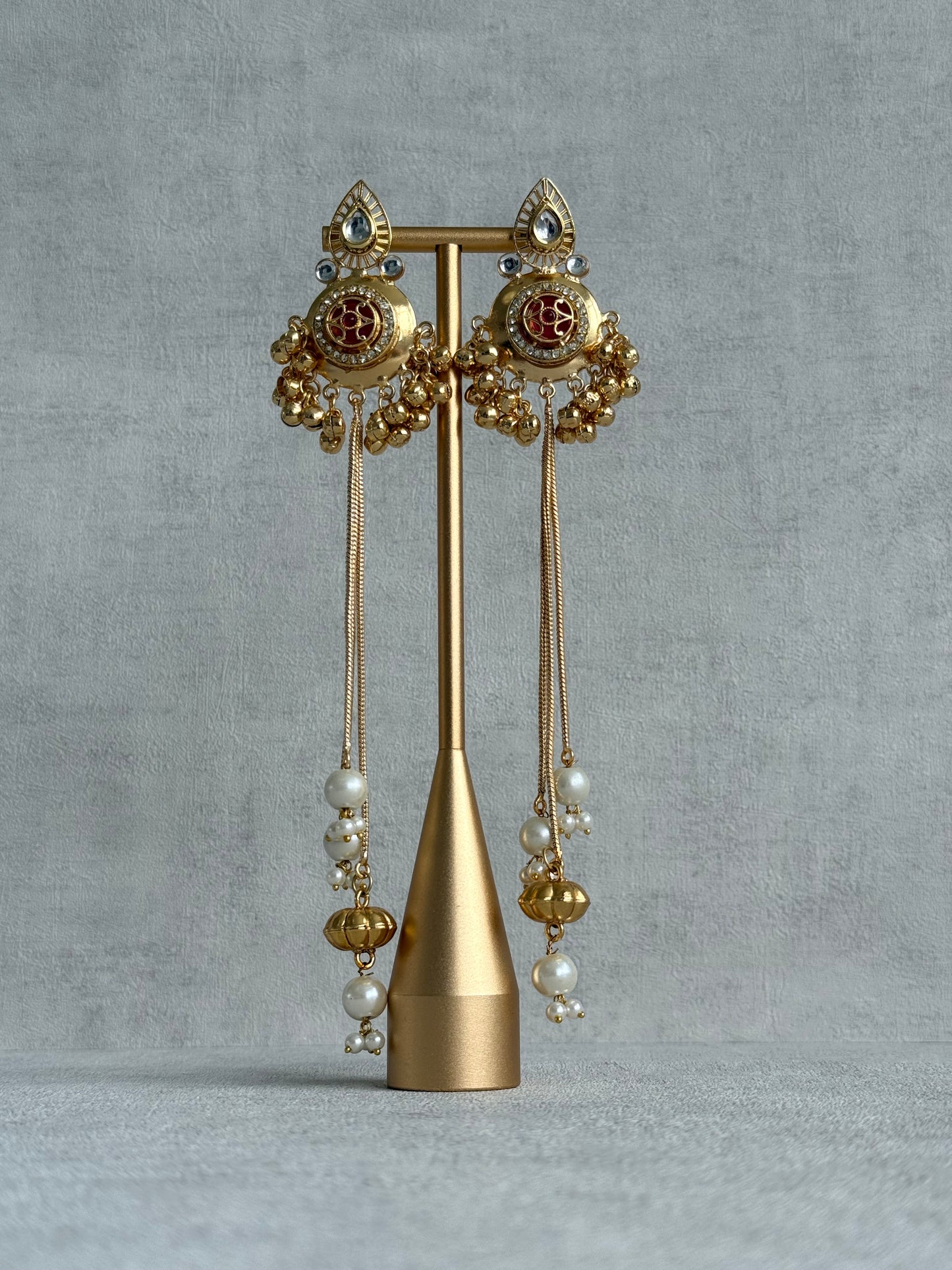 Ayura Designs Kashveen Earrings – Ruby Red Kundan Stones with Pearl Chain Drops & Ghungroo Detailing