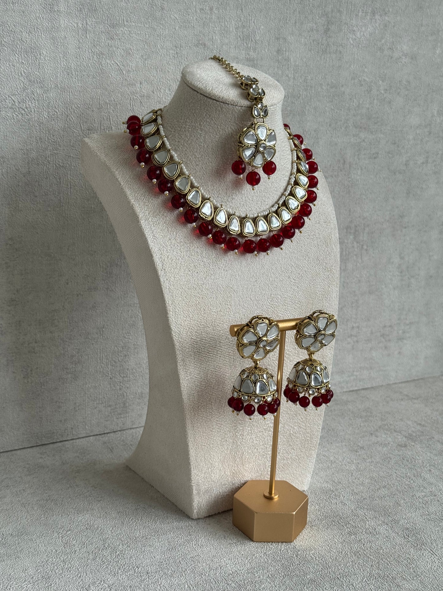Ayura Designs Mishal Set with Jhumkis & Tikka – Ruby Red Beads & Mirror-Cut Stones